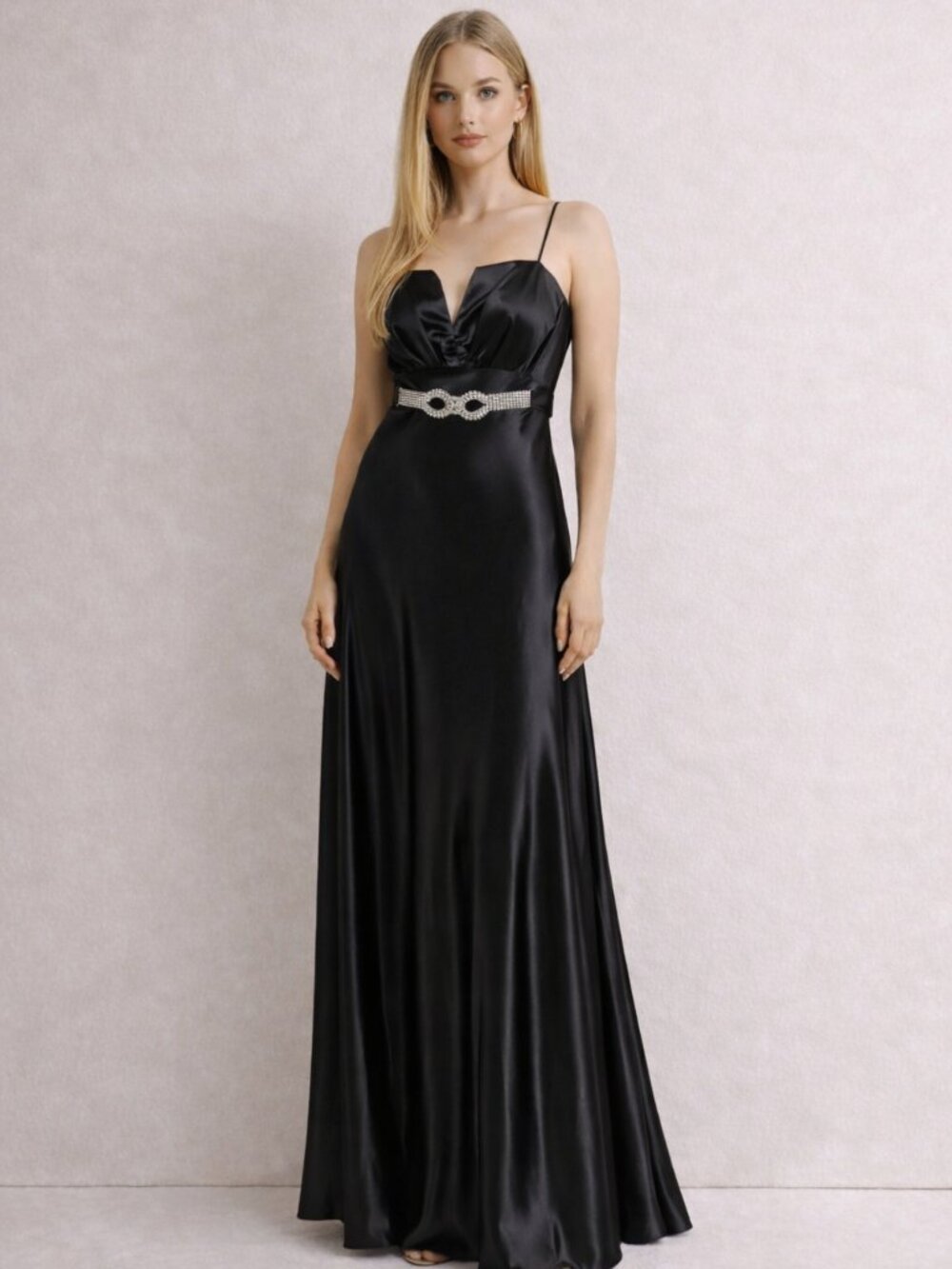 Juno Dress Collection Black Satin Rhinestone Formal Gown M - Picture 2 of 10